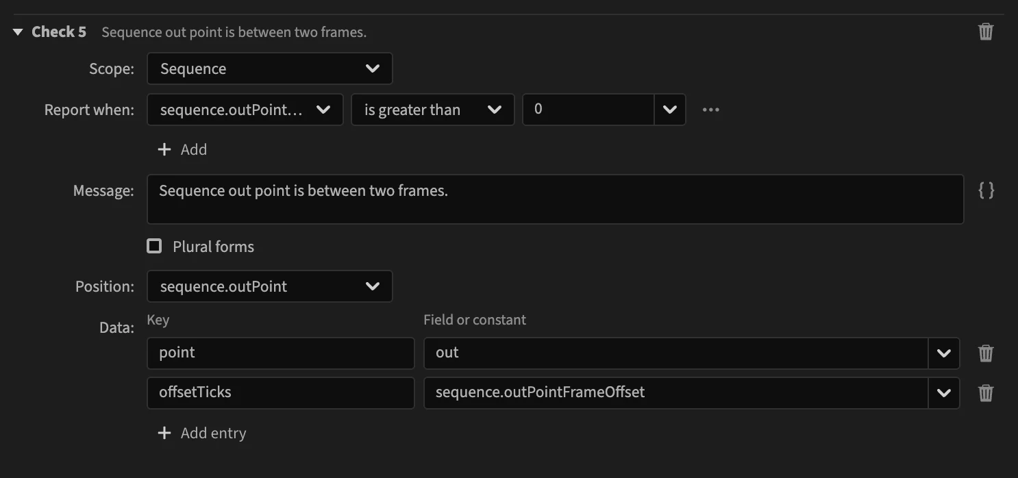 Check 5 of Subframe video edits: Scope Sequence, Report when sequence.outPointFrameOffset is greater than 0, message Sequence out point is between two frames, Position sequence.outPoint, and two data entries