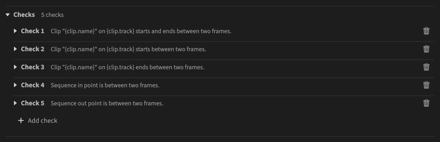 The Checks section of Subframe video edits with five folded checks, each showing its message