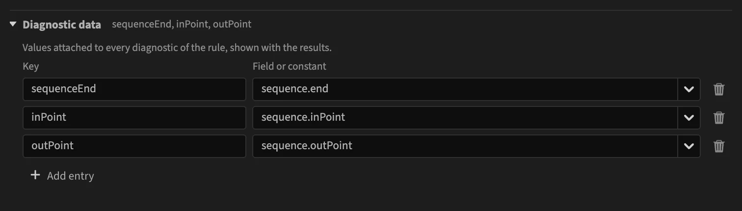 The Diagnostic data section of Markers outside the work area: sequenceEnd, inPoint and outPoint from sequence.end, sequence.inPoint and sequence.outPoint