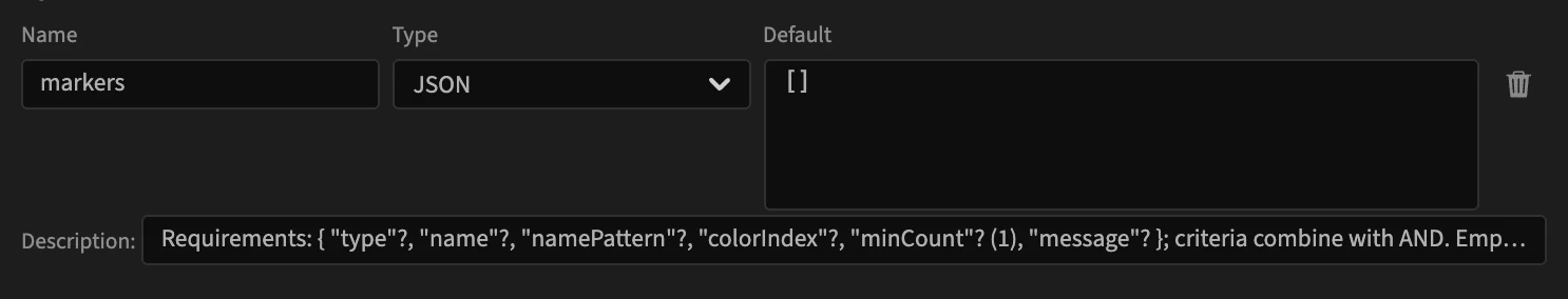 The markers option of Required markers: type JSON, default [] in a text area, and a description of the expected requirement objects