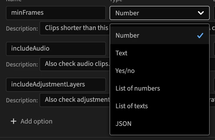 The Type list: Number, Text, Yes/no, List of numbers, List of texts, JSON