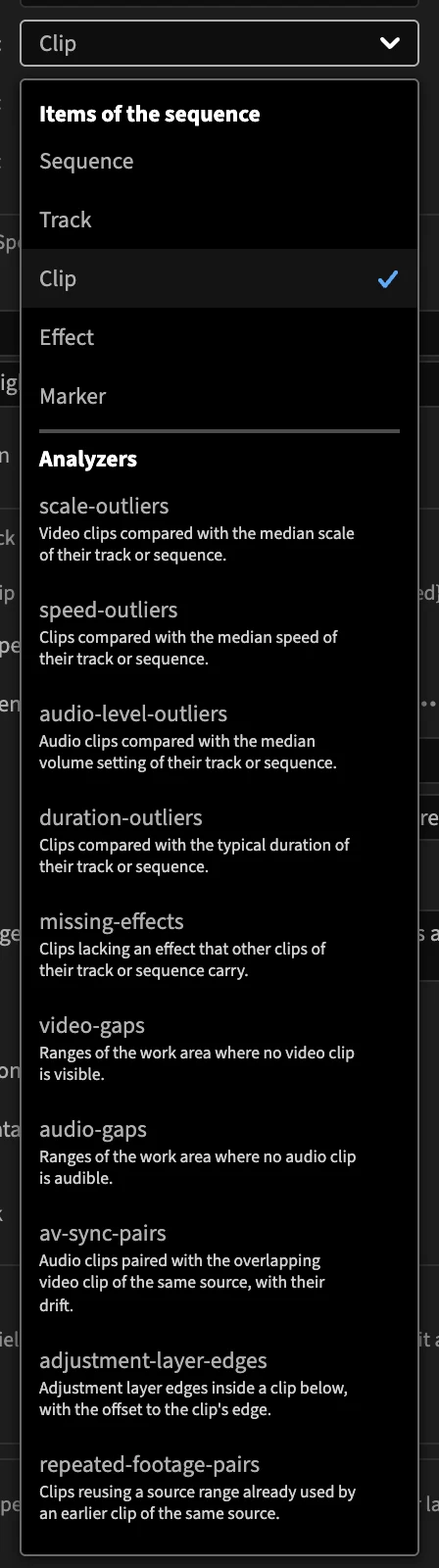 The Scope list: Items of the sequence (Sequence, Track, Clip, Effect, Marker), then Analyzers, each with a description