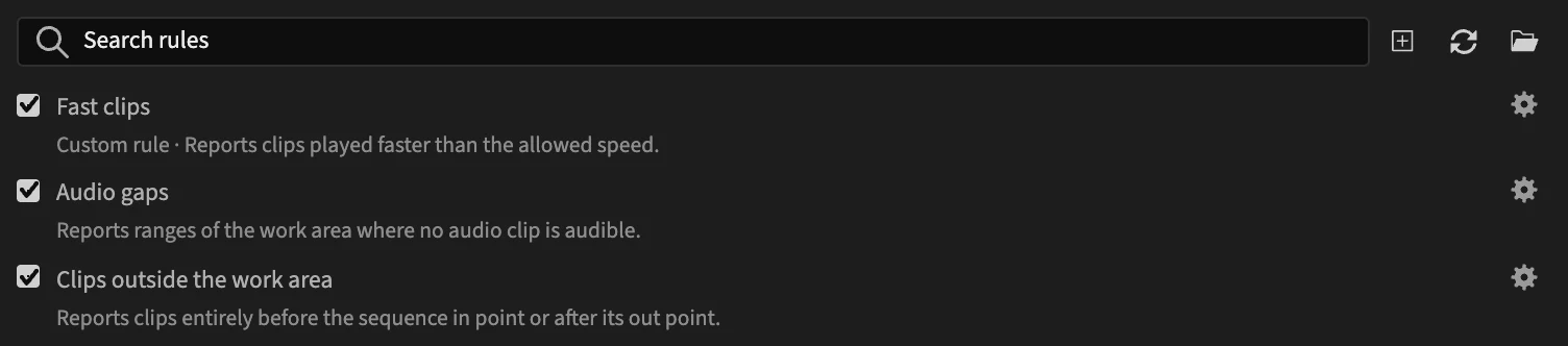 The top of the list: Fast clips described as Custom rule, then built-in rules