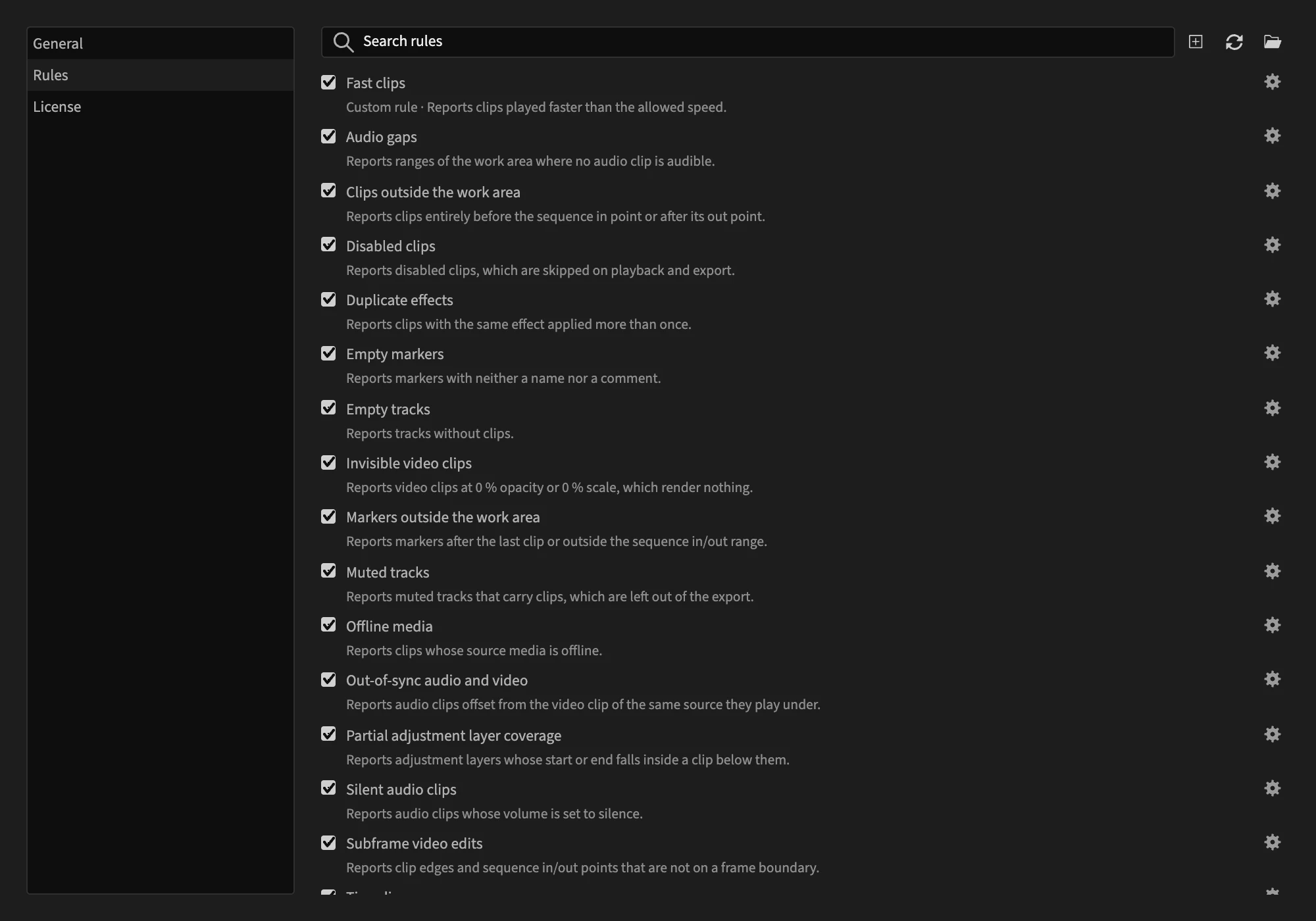 The Rules settings: the sections of the settings on the left; on the right a search field, three buttons, and the list of rules with a checkbox and a cogwheel each