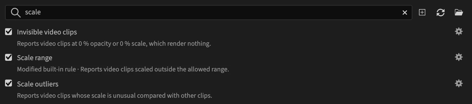 Searching scale keeps Invisible video clips, Scale range and Scale outliers