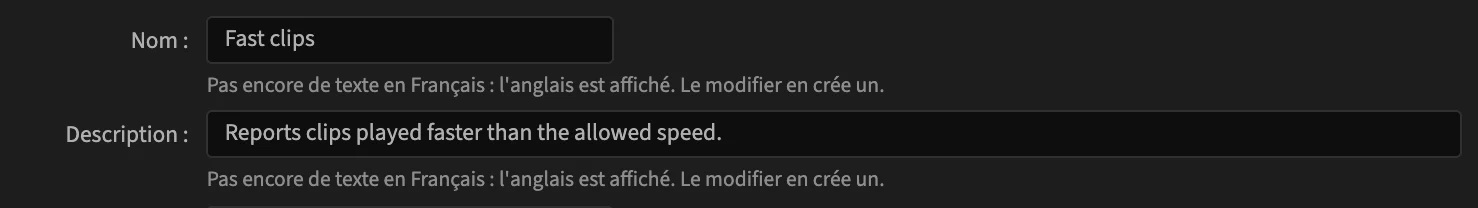 The Rule section in French: Nom Fast clips and Description in English, each with the note Pas encore de texte en Français : l'anglais est affiché. Le modifier en crée un.
