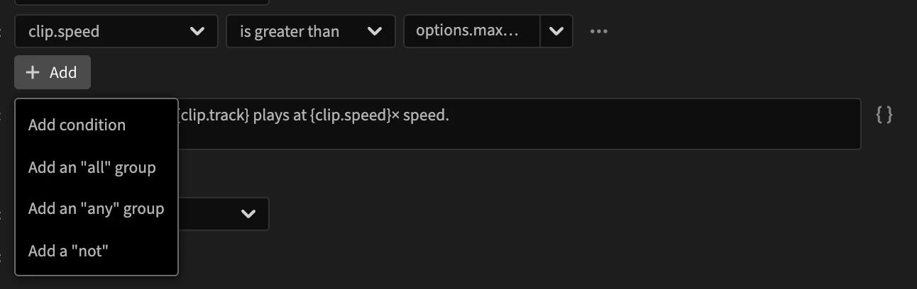 The Add menu: Add condition, Add an all group, Add an any group, Add a not