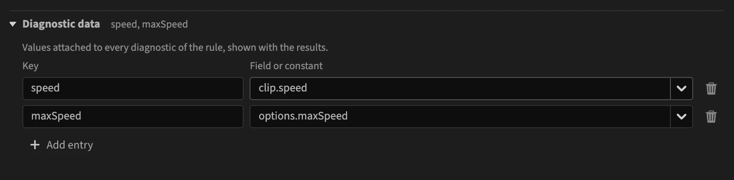 Diagnostic data with two entries: speed from clip.speed, maxSpeed from options.maxSpeed