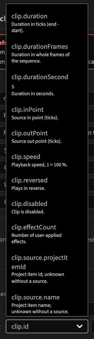 The field list: clip fields such as clip.duration, clip.speed, clip.disabled, each with a description