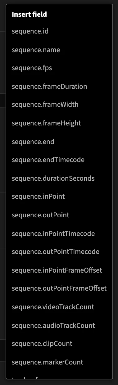 The Insert field menu, listing the fields that can be inserted
