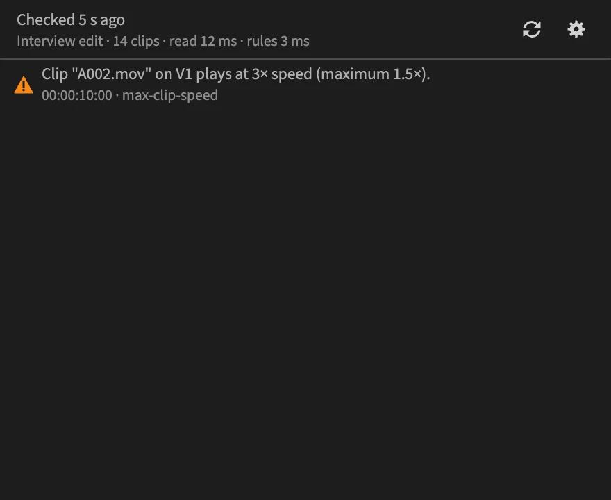 The PPROLint panel listing: Clip A002.mov on V1 plays at 3× speed (maximum 1.5×)