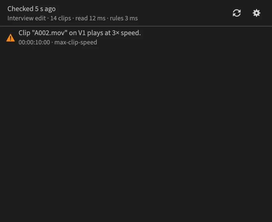 The PPROLint panel listing one warning: Clip A002.mov on V1 plays at 3× speed, at 00:00:10:00, from max-clip-speed