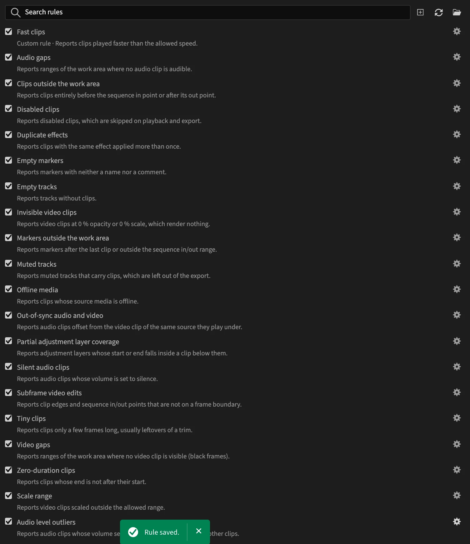 The Rules settings with Fast clips at the top, described as Custom rule · Reports clips played faster than the allowed speed, and a Rule saved. notification