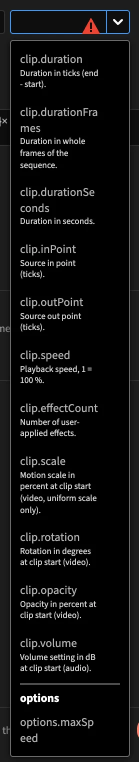 The value list open: number fields, then an options group with options.maxSpeed