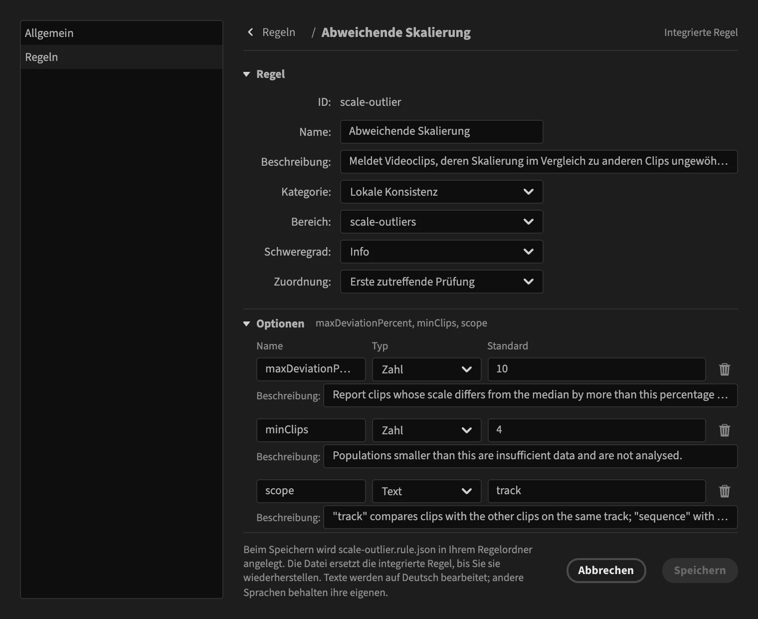 Der Regeleditor von PPROLint mit der Regel für Skalierungsausreißer
