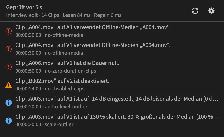 Das PPROLint-Bedienfeld mit den in einer Sequenz gefundenen Problemen