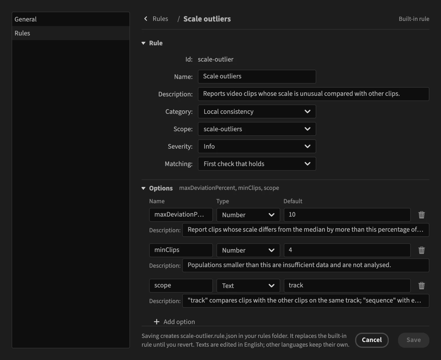 The PPROLint rule editor, editing the scale outlier rule