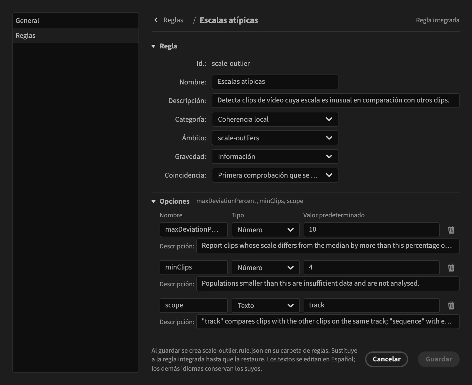 El editor de reglas de PPROLint, editando la regla de valores atípicos de escala