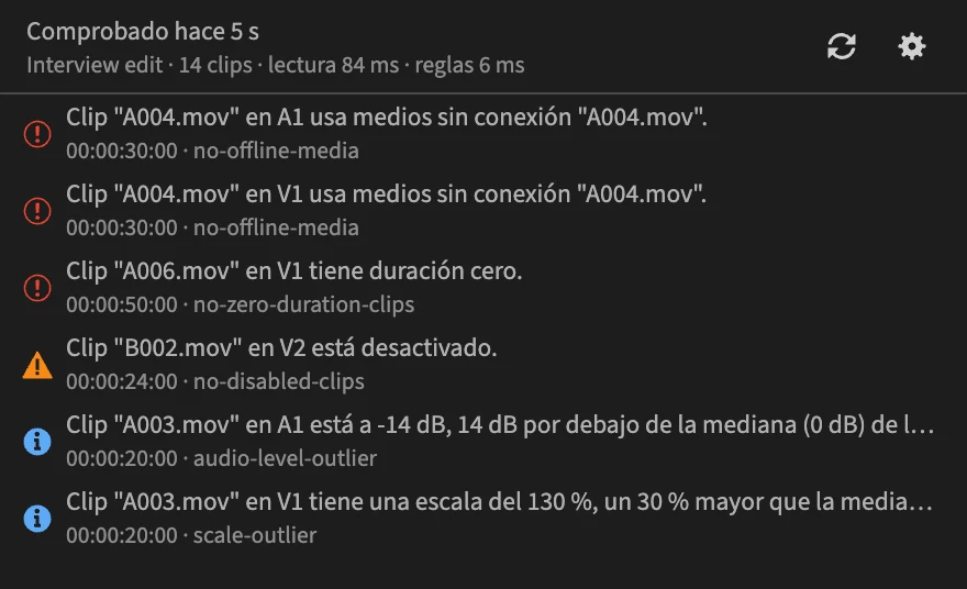 El panel de PPROLint con los problemas encontrados en una secuencia
