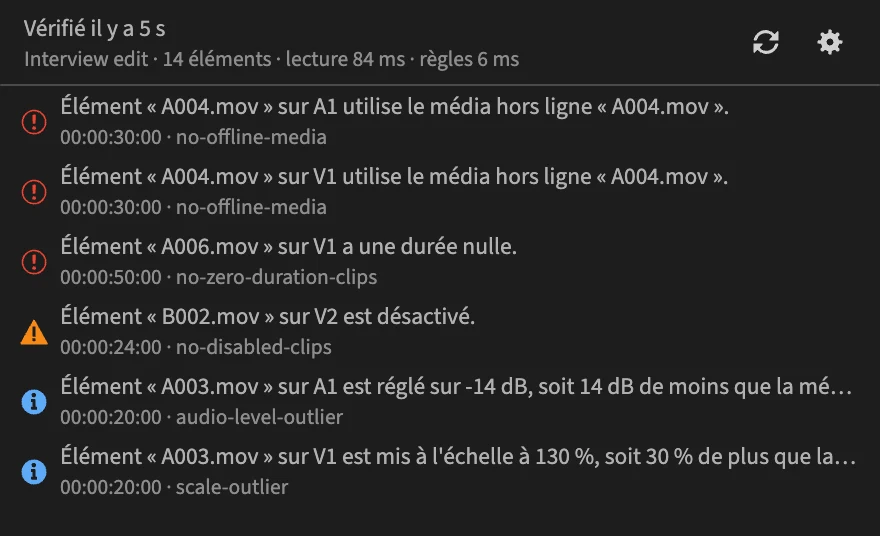 Le panneau PPROLint listant les problèmes trouvés dans une séquence