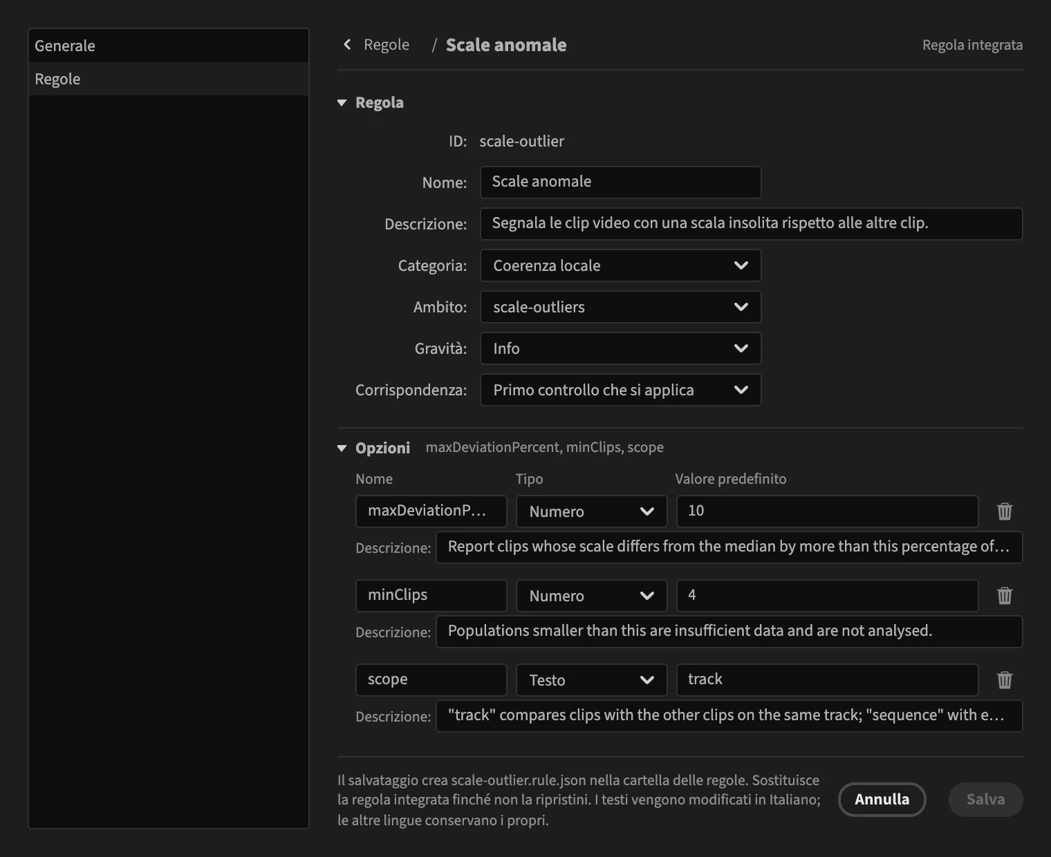 L'editor di regole di PPROLint sulla regola dei valori anomali di scala