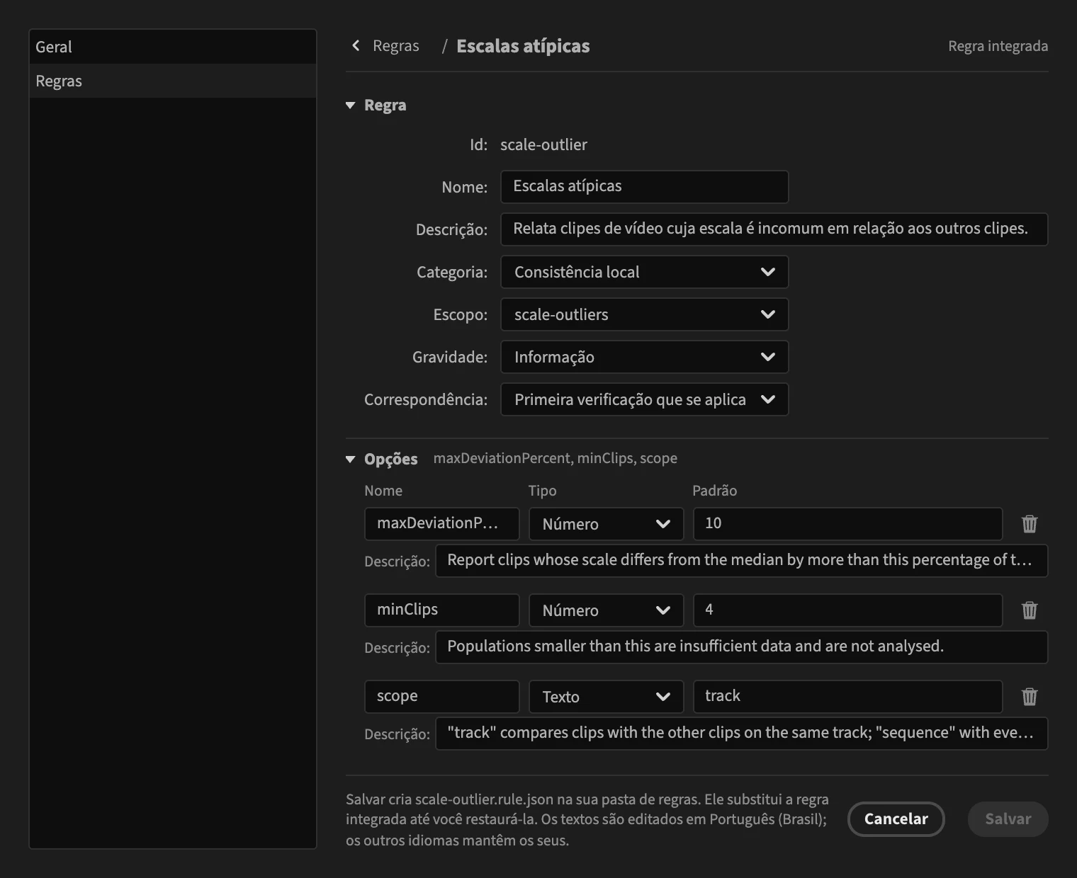 O editor de regras do PPROLint, editando a regra de valores atípicos de escala