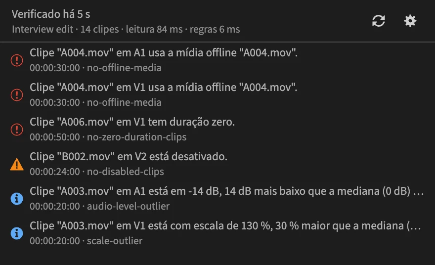 O painel do PPROLint listando os problemas encontrados em uma sequência